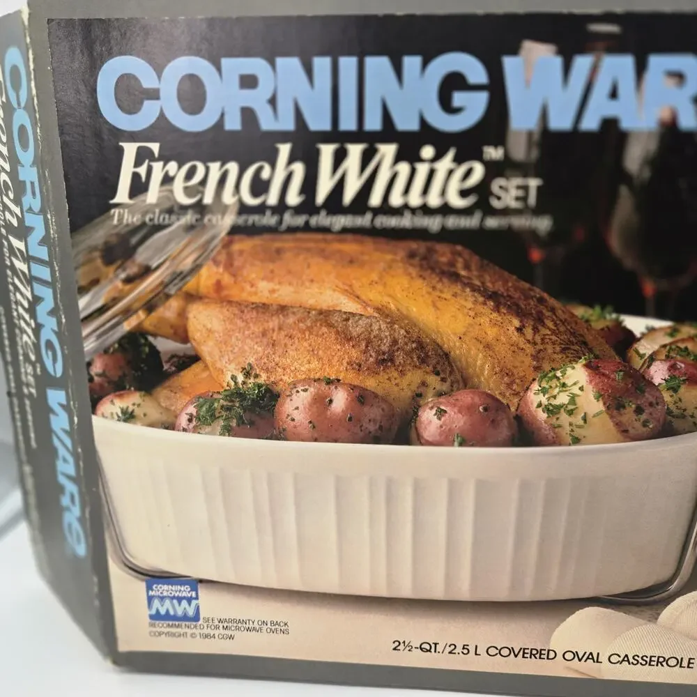 Corning Ware French White Casserole 3 Piece Set 2.5 Qt w/lid & Rack Sealed VTG